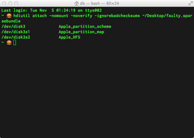 Attaching faulty.sparsebundle to OS X via Terminal.