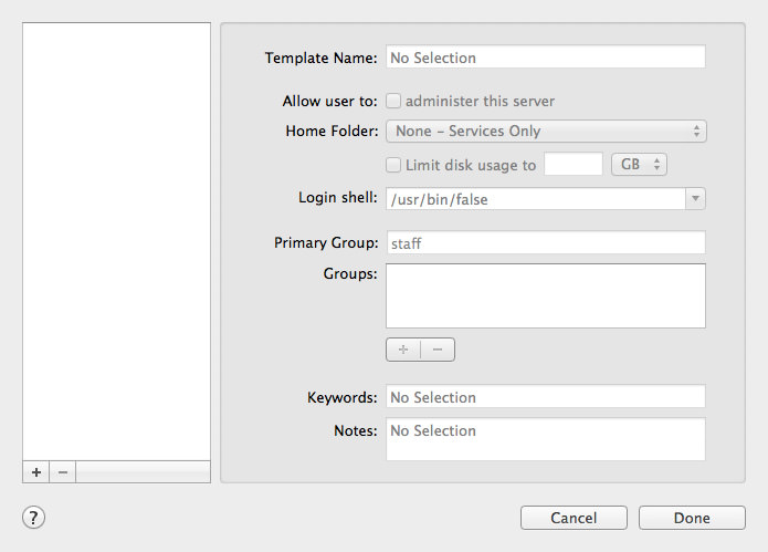 The User Template window with no templates.