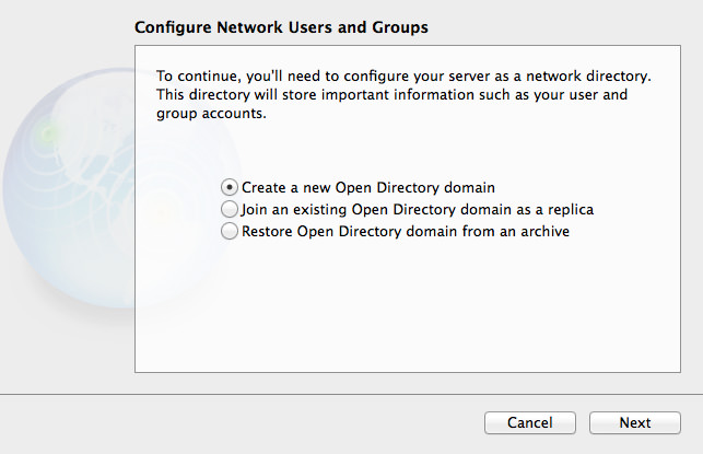 The 3 options for directory services in OS X Server.