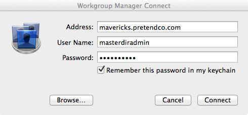 Workgroup Manager: Connect to mavericks.pretendco.com